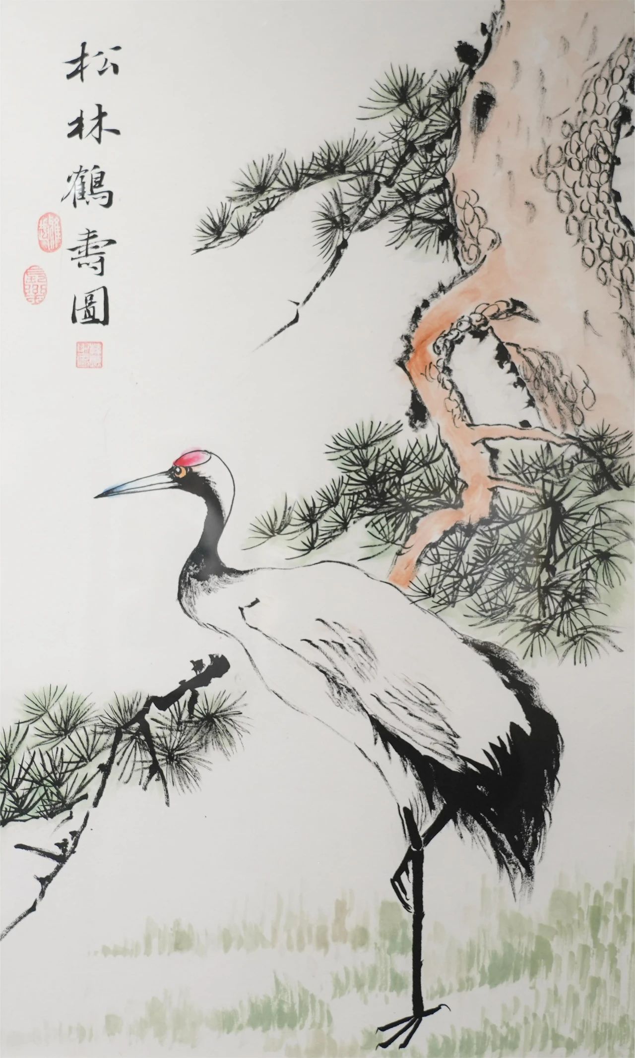 姜紅軍國畫《晨舞》80cm×80cm 施玉闖書法《丹頂鶴詩》138cm×69cm