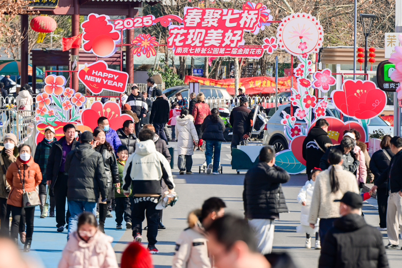 大年初一，七桥瓮公园第二届金陵花市迎来众多游客。公园供图